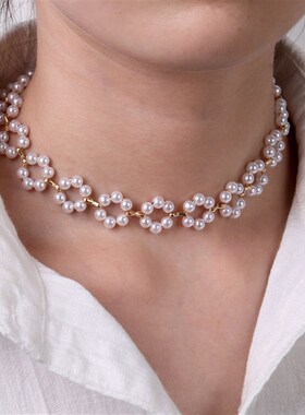 小众高货ZOVOLI Dainty Pearl Flower Bow-knot Choker Necklace