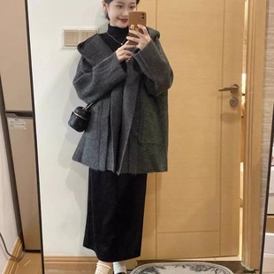 灰色连帽外套女2024秋冬新款宽松慵懒毛衣开衫韩系洋气中长款大衣