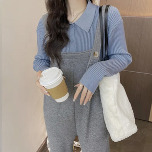 孕妇背带裤套装加绒加厚秋冬装新款时尚J毛衣显瘦直筒两件套春秋