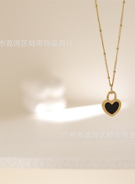 XL216 欧美时尚雕刻爱心锁头黑色白贝壳项K链锁骨链 钛钢镀18K金