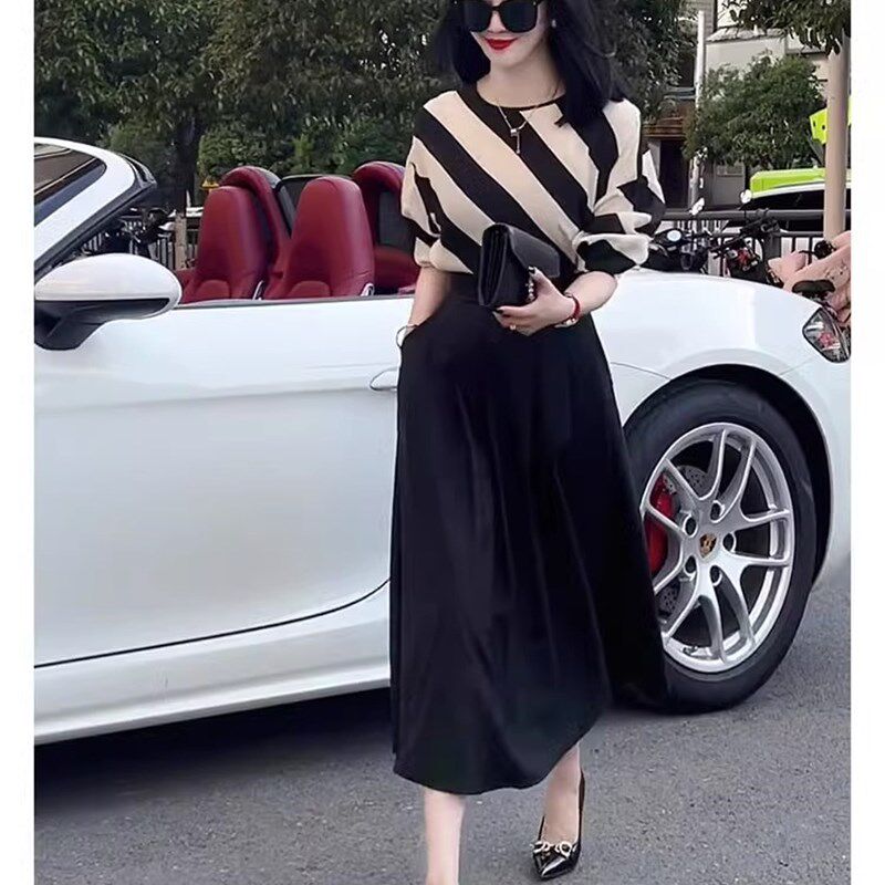 欧洲站夏季新款港味复古洋气时尚高级感职业条纹上衣半身裙两件套