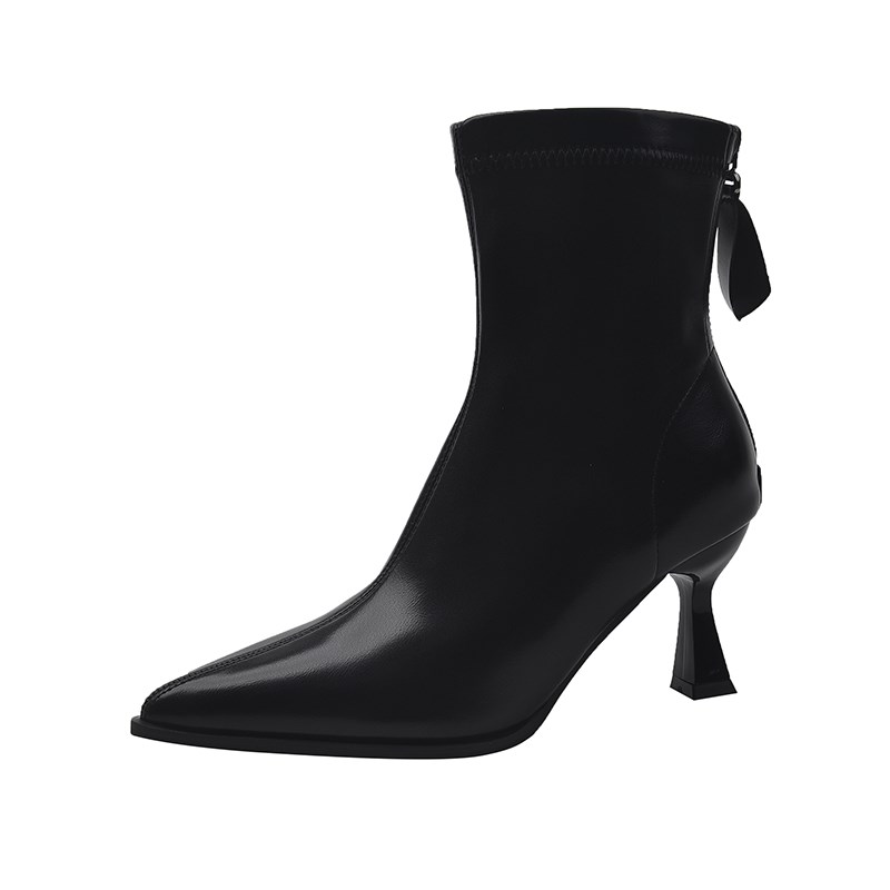 加宽胖脚大码女鞋41到43高跟尖头瘦瘦靴细跟弹力靴真皮短靴女单靴