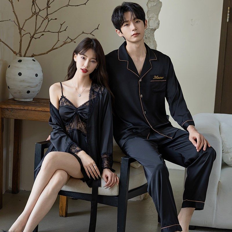 春秋季女2025新款睡衣情侣装一男一女带胸垫睡裙两件套装黑色高级,女士内衣/男士内衣/家居服,睡衣/家居服套装,淘宝优惠券,粉丝福利购,淘宝优惠卷