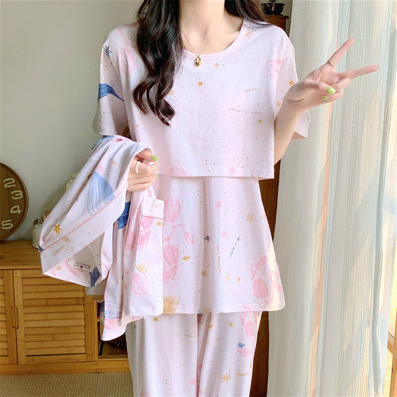 月子服夏季薄款5月份6产后纯棉孕妇睡衣春秋8产妇7哺乳喂奶三件套