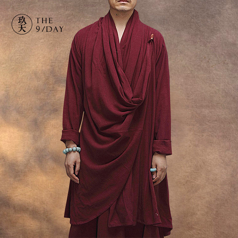 중국 스타일 남성 선 명상 평신도 정장 HANFU 면화와 린넨 I 옷 느슨한 긴 망토 민족 도교 의류