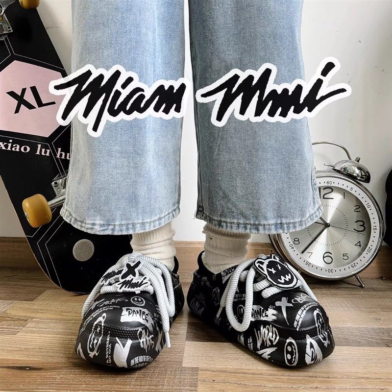 秋冬潮流涂鸦美式情侣棉拖鞋男女厚底增高包跟外穿加绒棉鞋雪地靴