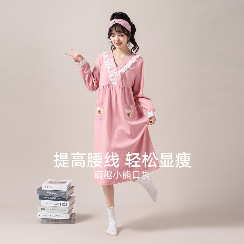 睡裙女春秋款长袖可外穿宽松大码V领2025新款甜美中长款睡衣