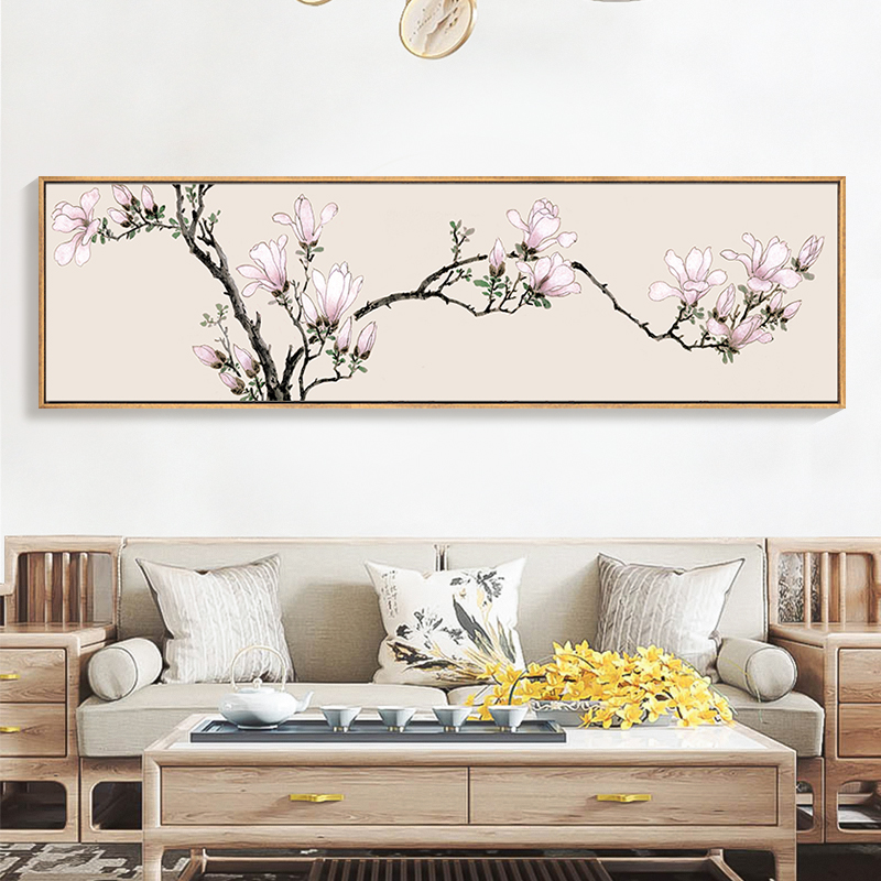 新中式客厅沙发背景墙装饰画牡丹花挂画现代简约床头卧室壁画横版图片