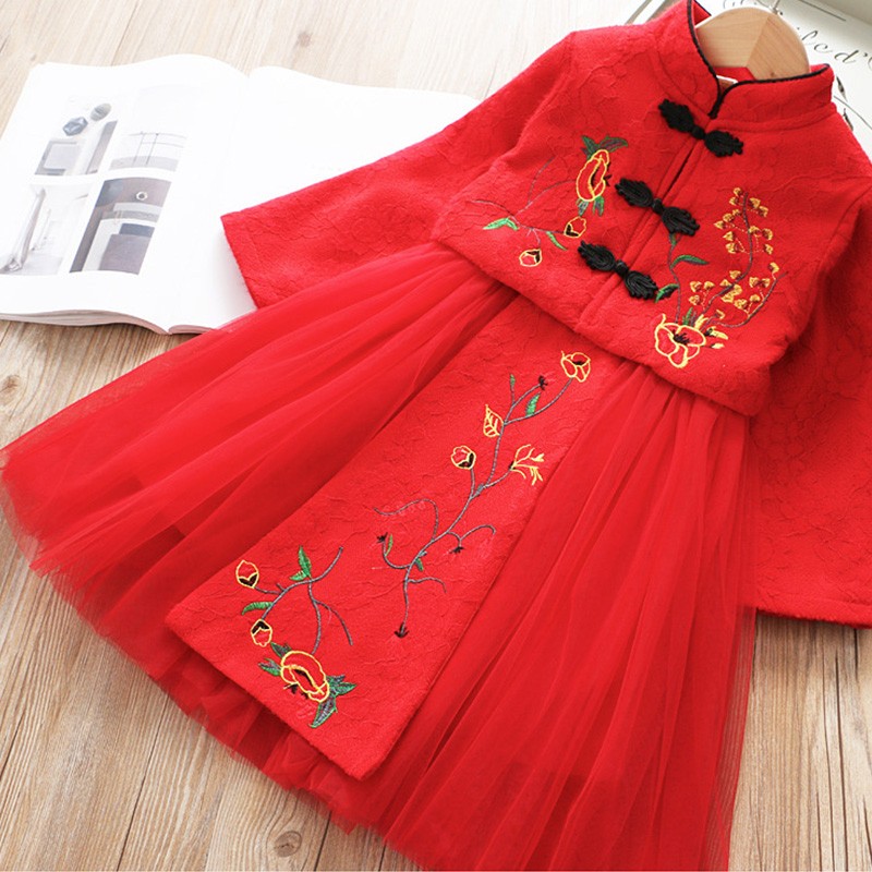 汉服女童冬装加绒加厚中u国风套装儿童连衣裙新年唐装宝宝拜年服
