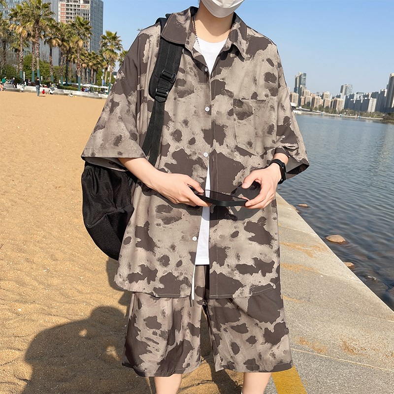 美式复古衬衫套装男夏季薄款宽松大码海边度假沙滩短袖短裤两件套