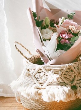 Macrame Tassel Wicker Basket Handmade Boho Decor Garden Flow