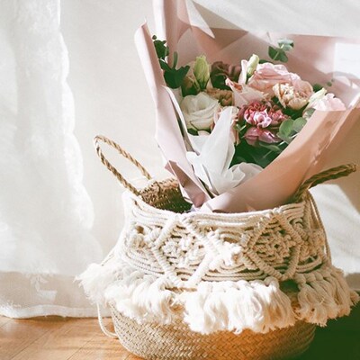 Macrame Tassel Wicker Basket Handmade Boho Decor Garden Flow