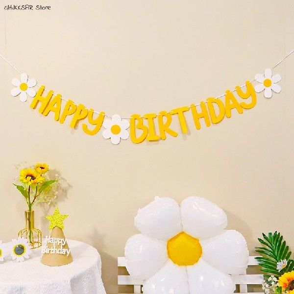 速发Happy Birthday Banner Flag Non Woven White Daisy Flower