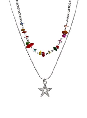OUKECHUN彩色碎石五角星项链女多巴胺y2k辣妹甜酷双层叠戴锁骨链