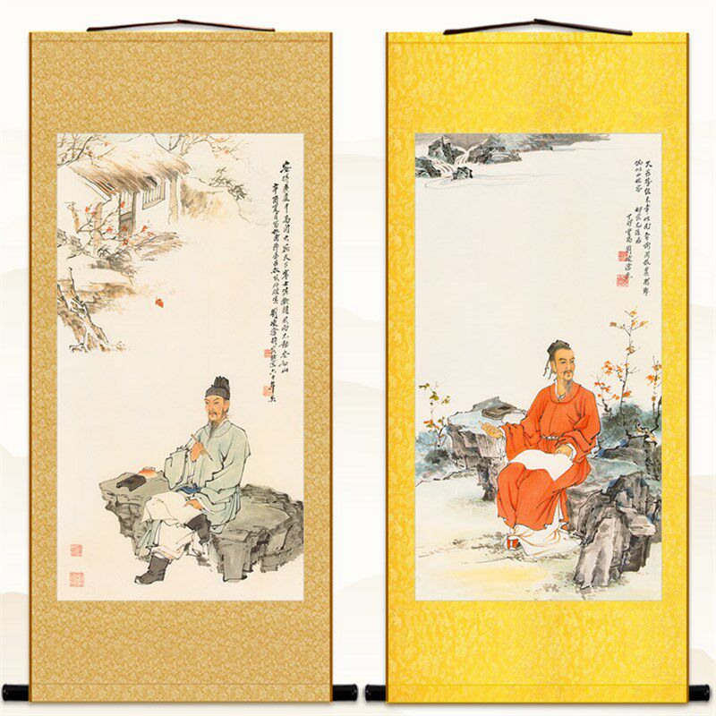 杜甫人物画像 柳宗元历史文x人诗人卷轴挂画 书房丝绸装饰画定制