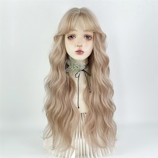 手勾白金色羊毛卷假发蕾丝全头套女团浅色中分长卷发大波浪lolita