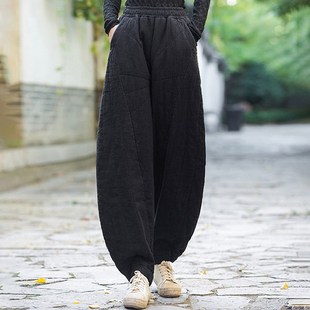 外穿高腰宽松棉麻复古保暖棉裤 女式 秋冬2024年新款 苎麻加厚灯笼裤