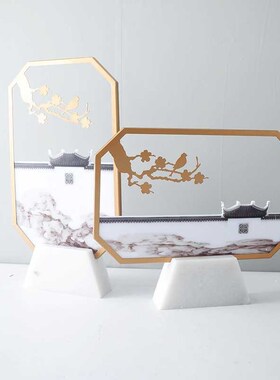 新中式客厅酒柜玄关大理石屏风摆件售楼处家具店展厅橱柜软装饰品