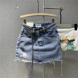 浅蓝色破洞牛仔半身J裙高腰防走光小个子A字裙 新款 韩版 2022年夏季
