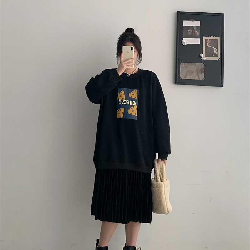 秋冬季新款加绒加厚厚棉T裙女胖mm大尺码宽松拼接假两件长袖洋装