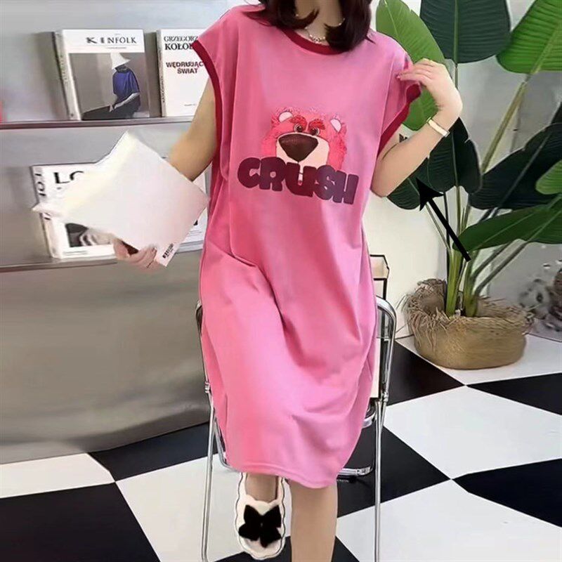 大码睡裙夏季新款宽松学生半袖圆领草莓熊印花家居服可外穿潮