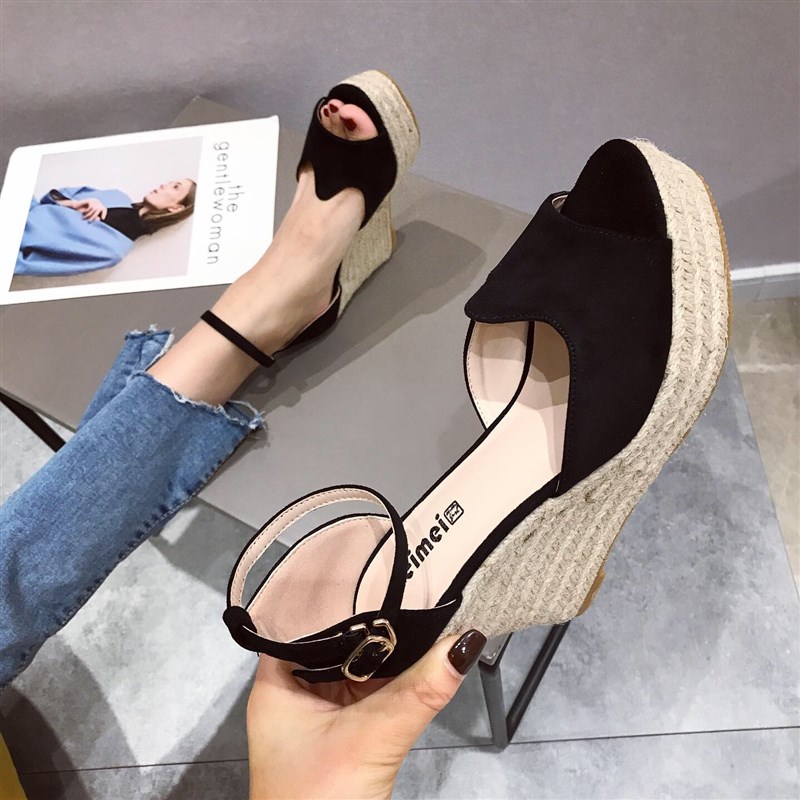 坡跟凉鞋女夏9CM厚底防水台女鞋增高松糕鞋 2023新款一字带高跟鞋