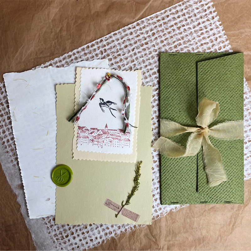 新品抹茶绿丨轻复古浪漫手撕手工信纸信封玫瑰底纹肌理绿色手账特