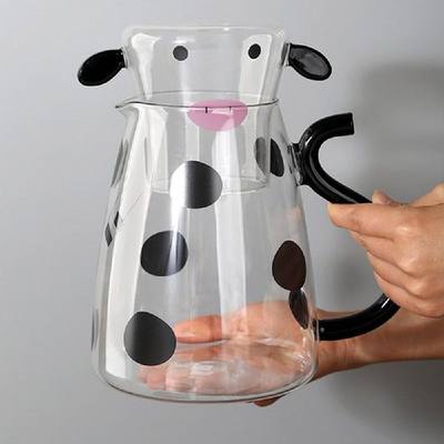 速发Cute Creative Cow Glass Water Pitcher with Cup Widen Mou