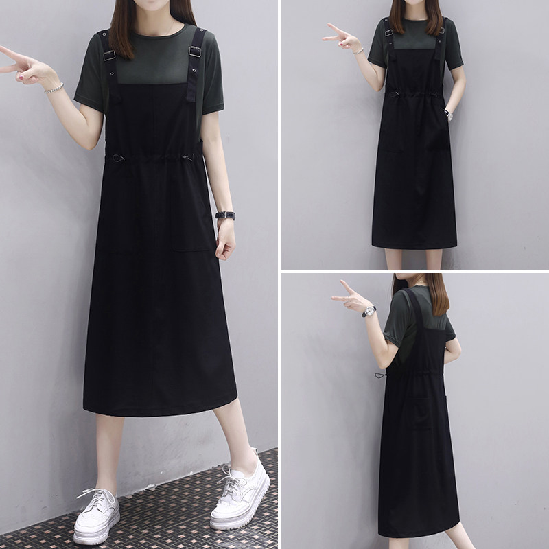 现货时尚背带裙套装女2021夏装新款韩版休闲收腰减龄连衣裙两件套