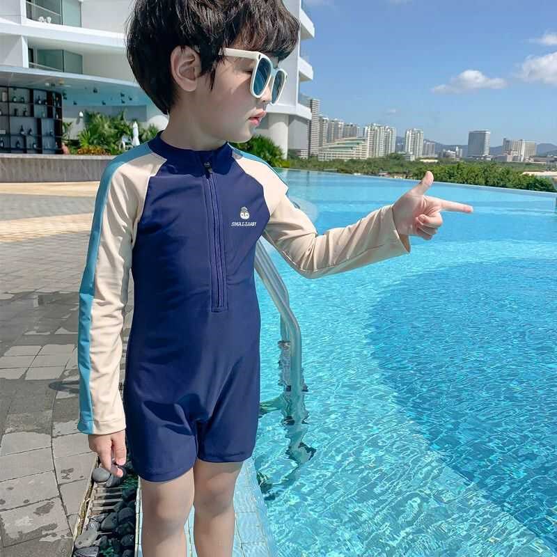 儿童游泳衣男童男宝连体泳衣2024新款中小童度假长袖速干连体泳装