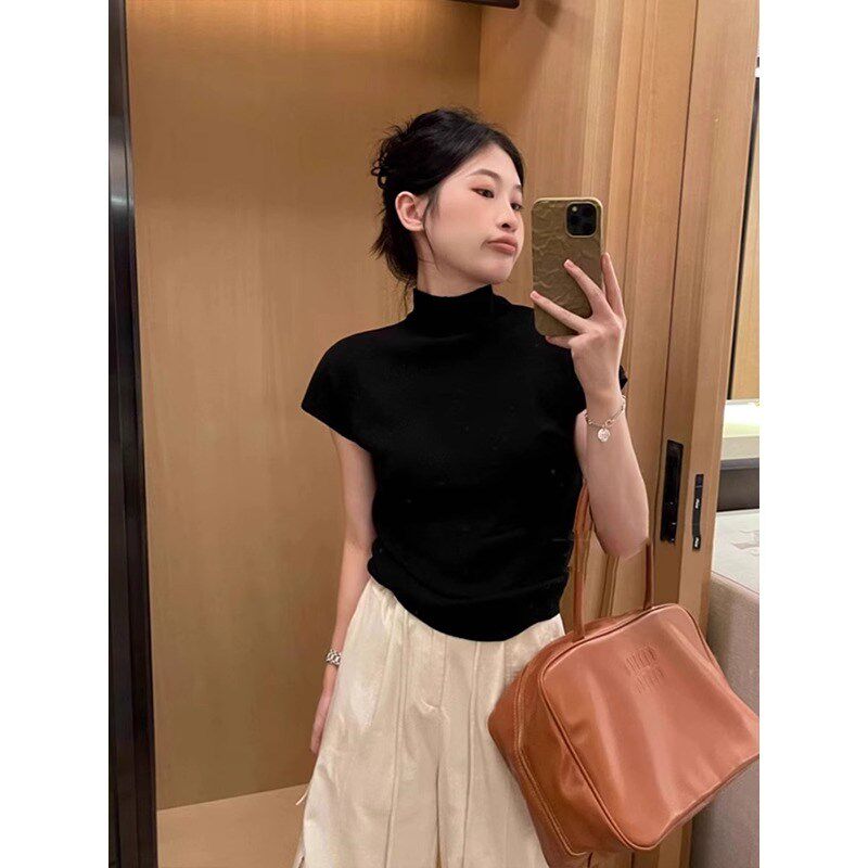 红色正肩半高领短袖T恤女2024秋冬新款修身短款内搭针y织打底上衣
