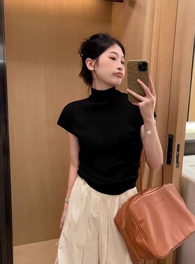 红色正肩半高领短袖T恤女2024秋冬新款修身短款内搭针y织打底上衣