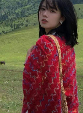 民族风红色披肩西藏新疆旅行保y暖斗篷云南旅游流苏披风套头毛衣