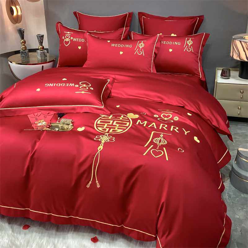 大红色高档婚庆四件组纯水洗棉被套床单婚房结婚喜庆中式床上用品,床上用品,婚庆床品套件,淘宝优惠券,粉丝福利购,淘宝优惠卷