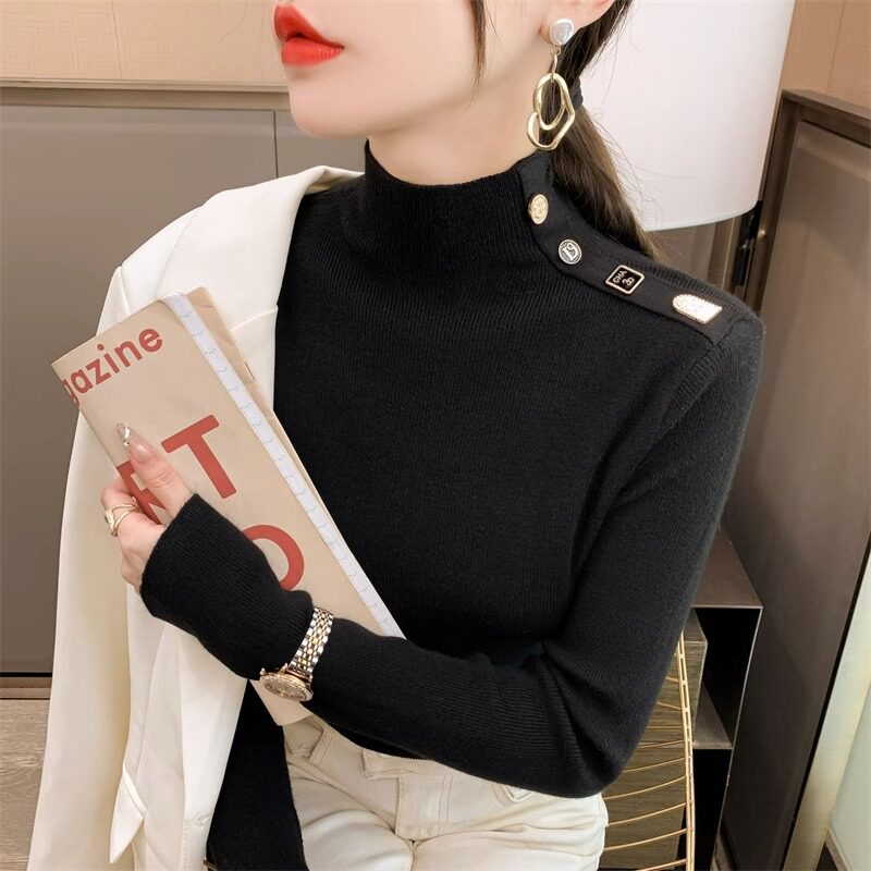卡其色半高领针织衫l女2023年秋冬新款修身显瘦毛衣内搭长袖内搭