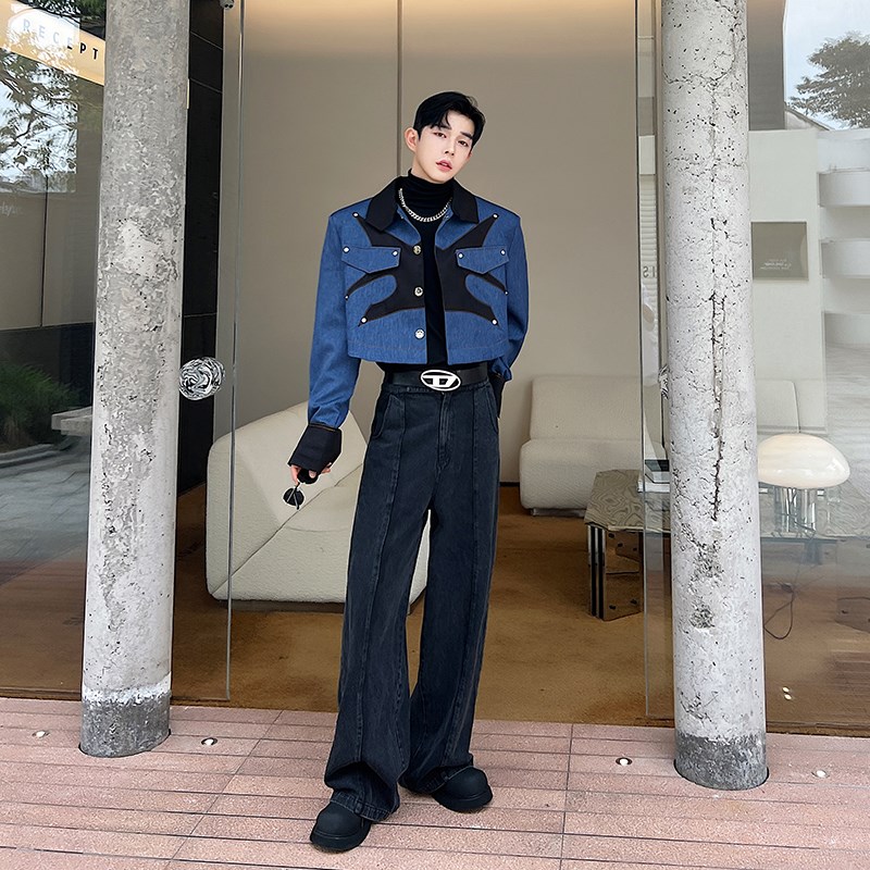 秋装小众撞色拼接立体裁剪设计感短款廓形夹克外套男高级感牛仔布