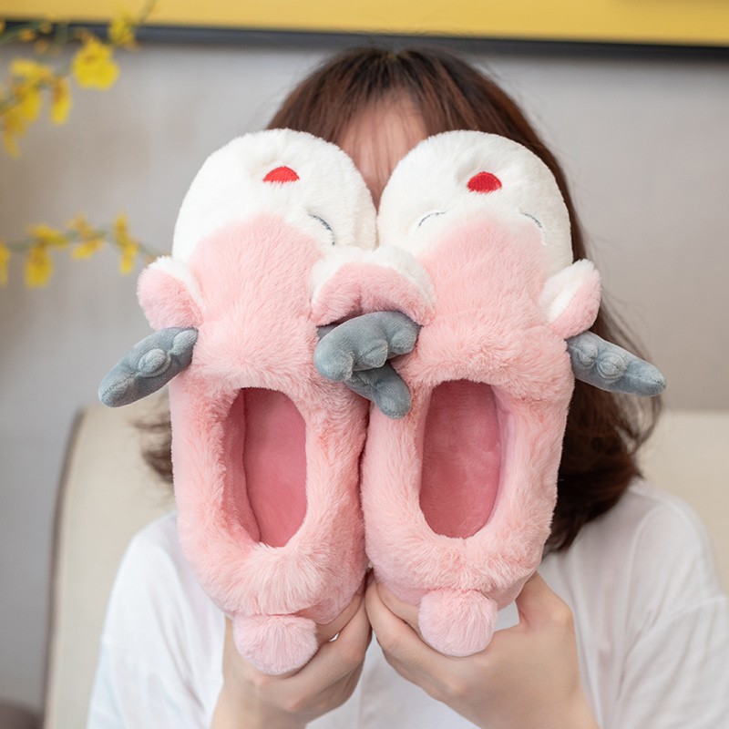 圣诞麋鹿卡通棉拖鞋女可爱包跟厚底室内防滑毛绒T家居家用男冬情