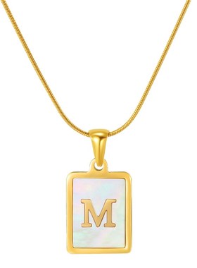 跨境不锈钢蛇骨链26字母项链女欧美18K金方形M贝壳大写字母吊坠in