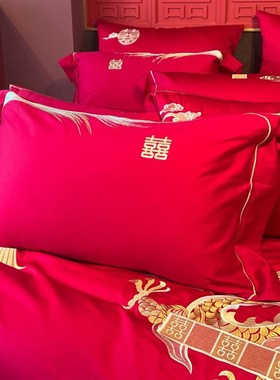 红色结婚四件套龙凤刺绣100长绒棉刺绣备婚床上用品陪嫁喜被嫁妆