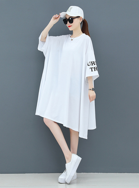 2021夏季新款300p斤可穿白色大码中长款t恤女宽松上衣长款连衣裙