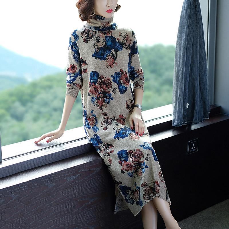 秋冬新款女装大码针织连衣裙花色过膝毛衣裙内搭长裙子配大衣别致
