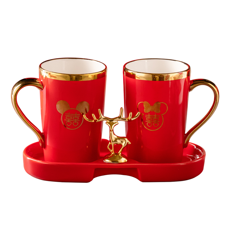 结婚洗漱杯一对新婚用情侣红色y漱口杯陶瓷牙刷杯套装陪嫁婚庆用