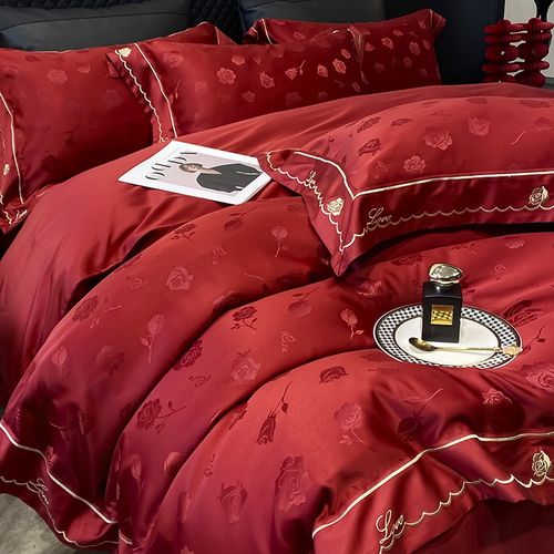 轻奢风红色喜字提花婚庆四件套新婚房喜被床单被套床上用品结婚用