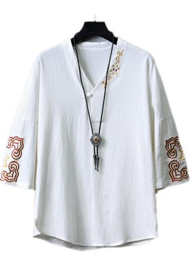 夏季刺绣棉麻短袖汉服男中式改良现代唐装七分袖中国风大码潮