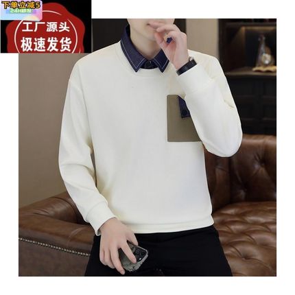 假两件衬衫领卫衣男款春秋款潮牌宽松青少年初中高中学生长袖t恤T