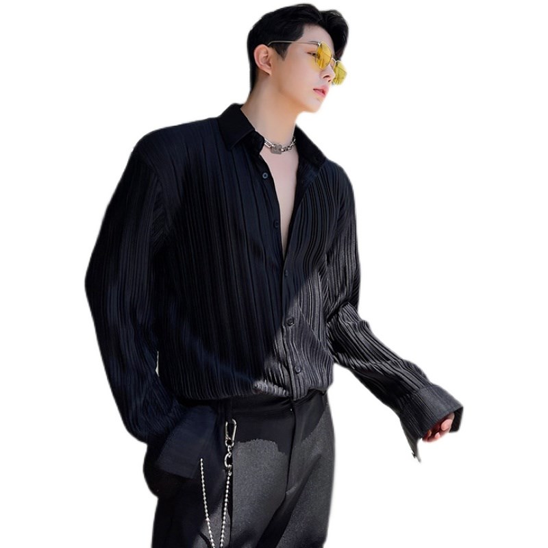 春夏很仙的衬衫男长袖宽松韩x版个性时尚压皱设计感网红坠垂感衬