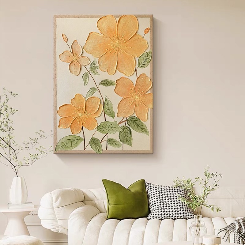 奶油风抽象花卉肌理手绘油画客厅装饰画浅黄色花朵儿童房玄关挂画图片