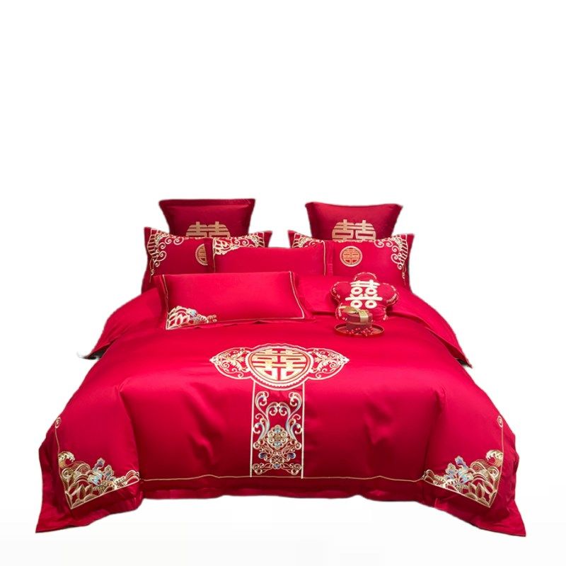 婚庆四件套大红中式龙凤刺绣新结婚陪嫁六件床单被套床上用品,床上用品,婚庆床品套件,淘宝优惠券,粉丝福利购,淘宝优惠卷