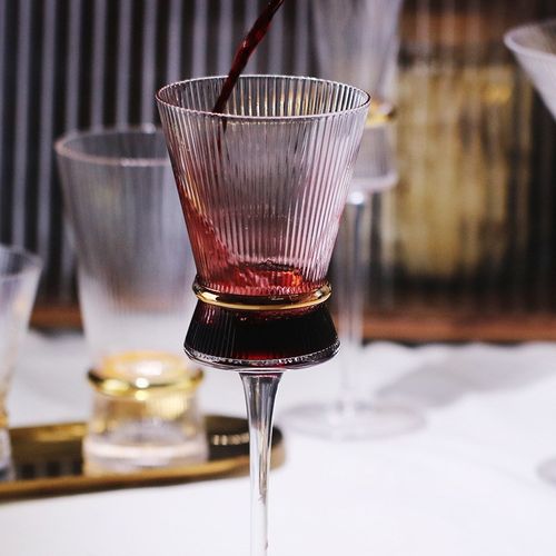 竖纹金腰线高脚杯香槟杯鸡尾酒杯竖纹水杯套装电镀金色创意酒具