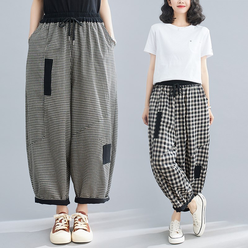 夏季新款格子大码女裤宽松显瘦遮肉文艺范阔腿灯笼九分棉麻老爹裤